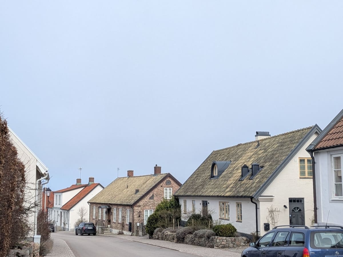 En gata kantad av hus med olika arkitektur syns under en ljusgrå himmel. Husen har tegel- eller vitputsfasader och tak med tegelpannor eller liknande material. Parkerade bilar syns längs gatan och en häck syns till vänster.