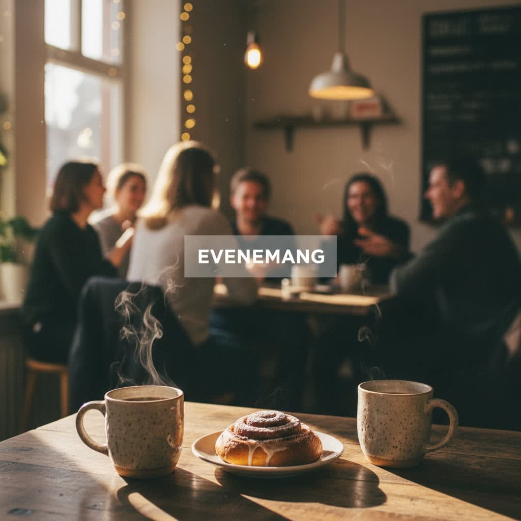 En bild som visar två ångande kaffekoppar och en kanelbulle med vit glasyr på ett träbord i förgrunden. I bakgrunden syns suddiga människor som sitter runt ett bord. Solen skiner in genom ett fönster och skapar ljusstrålar och skuggor.