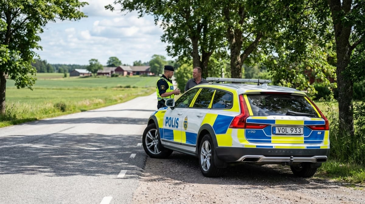 Bilden visar en polisman i uniform och en civilklädd man stående bredvid en parkerad svensk polisbil på en grusväg. I bakgrunden syns ett landskap med gröna fält, träd och byggnader med röda tak under en molnig himmel.