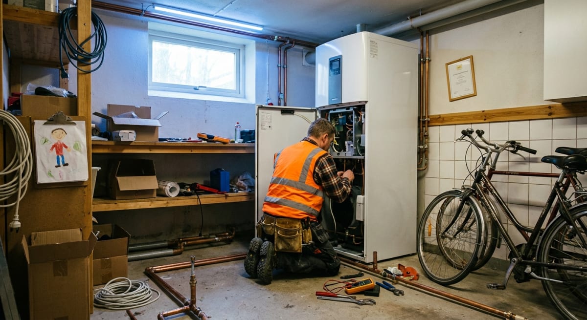 En person i orange väst knäböjer framför en värmepump och utför arbete. Rummet är utrustat med hyllor med verktyg och kartonger, samt två cyklar vid en kaklad vägg. Kopparrör syns längs väggarna och på golvet.
