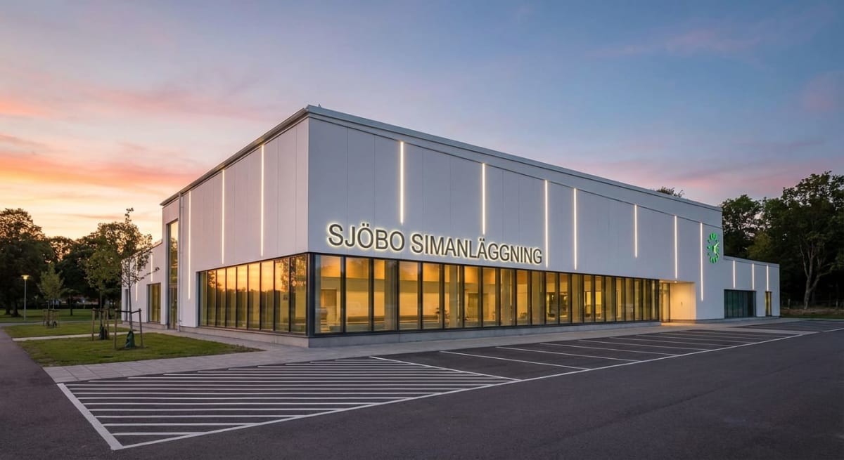 En modern byggnad med stora fönster och belyst skylt som säger "SJÖBO SIMANLÄGGNING" under en solnedgång eller soluppgång. Framför byggnaden finns en asfalterad parkeringsplats med vita markeringar. Bakom byggnaden syns träd och en ljus himmel.