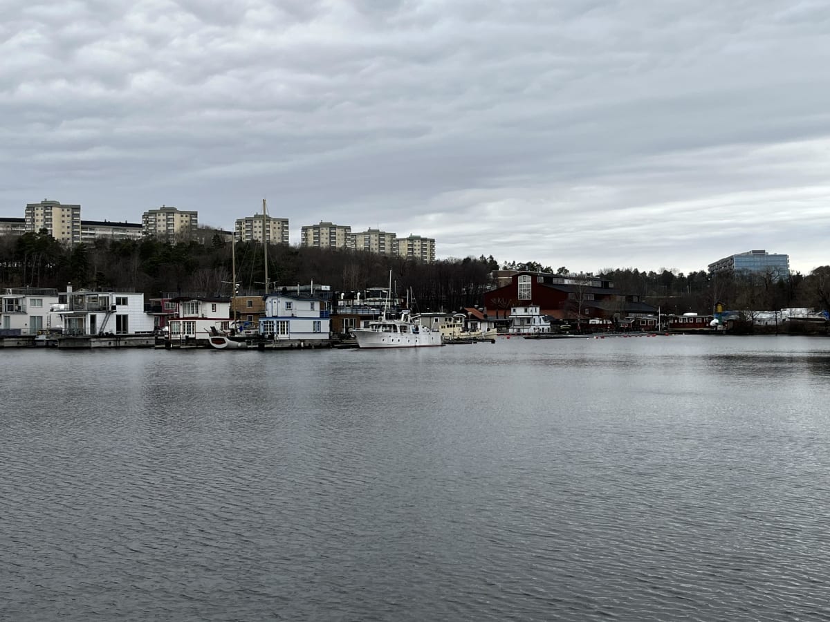 Bilden visar ett vattendrag med husbåtar och förtöjda fartyg längs stranden. I bakgrunden syns skogsklädda backar med flera höghus. Himlen är täckt av moln och vattnet är grått.