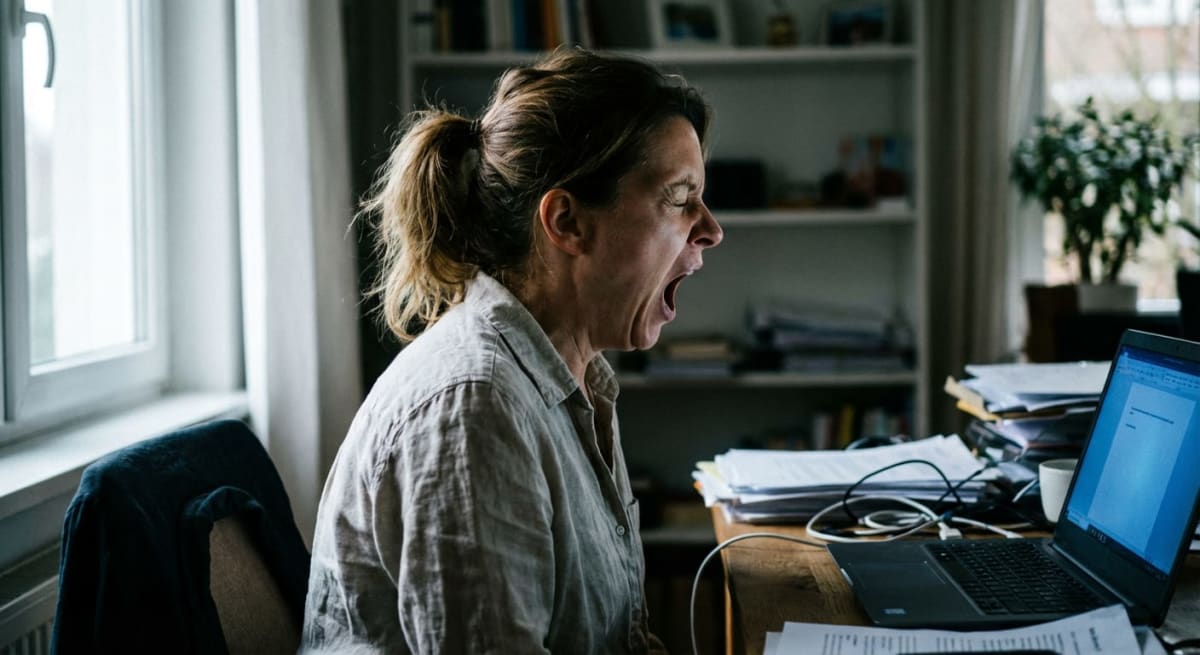 En person gapar och gäspar framför en laptop på ett stökigt skrivbord. Personen bär en ljus skjorta och har håret uppsatt i en tofs. Till vänster syns ett fönster och i bakgrunden en hylla med böcker och en växt.