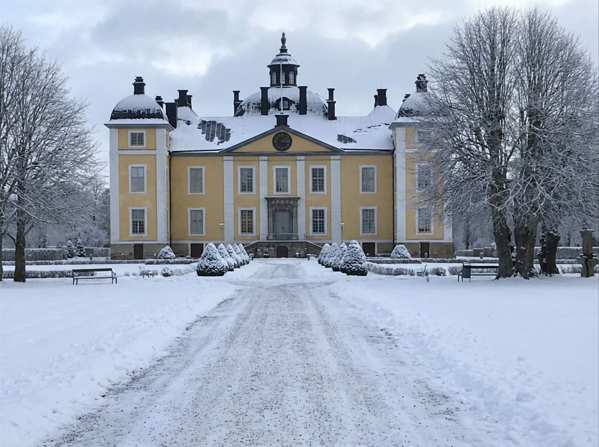 En gul byggnad med många fönster och en kupol på taket, delvis täckt av snö. En gångväg kantad av snöklädda buskar leder fram till byggnaden. Marken är täckt av snö och snötäckta träd syns på sidorna. Himlen är molnig.