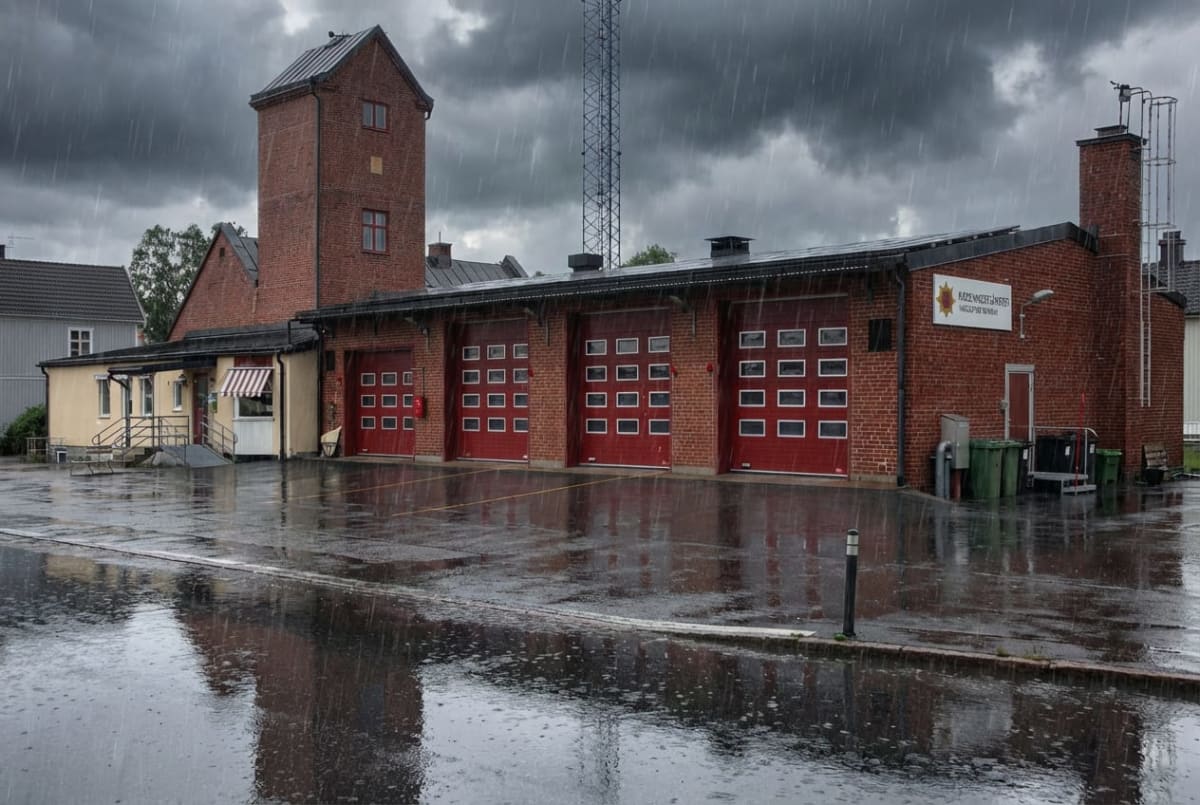 En röd tegelbyggnad, troligen en brandstation, med fem röda portar i regn. Byggnaden har även ett torn och en skylt med text. Förgrunden består av en våt belagd yta som reflekterar byggnaden och himlen. Ett hus med ljusgul fasad syns till vänster om