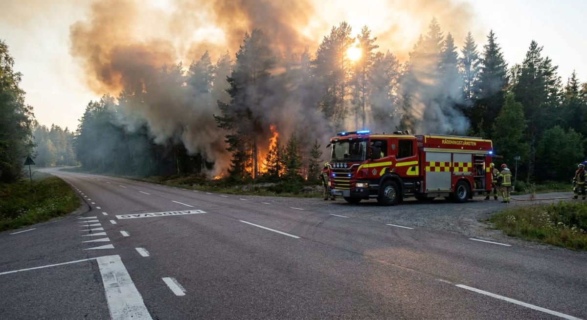 En röd brandbil med blåljus står parkerad vid sidan av en asfalterad väg. I skogen bakom brandbilen syns en brand med lågor och kraftig rökutveckling. Flera brandmän i skyddsutrustning är närvarande vid brandbilen och vid brandplatsen.