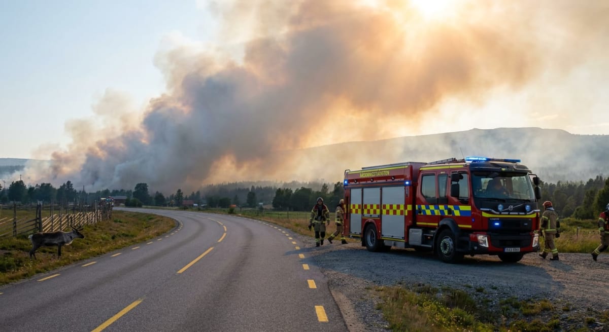 En brandbil med blåljus står vid vägkanten med rökutveckling i bakgrunden. Ett rådjur syns bredvid vägen, bakom ett staket. Tre brandmän står nära brandbilen. Vägbanan är asfalterad med gula linjer. Kullen och skogen i bakgrunden skyms av rök och dis