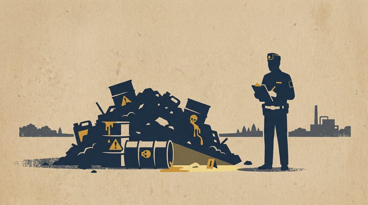 En stiliserad illustration som visar en polisliknande figur som skriver på en urklippstavla bredvid en hög med fat och behållare. Några av behållarna har varningssymboler och vätska rinner ut. I bakgrunden syns skog och en industribyggnad.