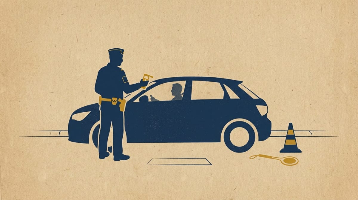 En stiliserad illustration som visar en polis som utför en utandningskontroll på en bilförare. En trafikkon och en stoppspade ligger på marken bredvid bilen. Bakgrunden är beige och figurerna är mörkblå med gula detaljer.