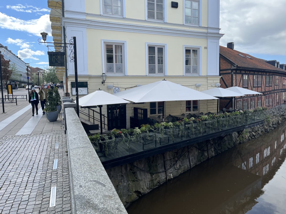 En bild som visar en stadsmiljö med en kanal till höger. Ett kafé eller restaurang med vita parasoller och uteservering vetter mot kanalen. Två personer går på en trottoar till vänster, och i bakgrunden syns fler byggnader och bilar.