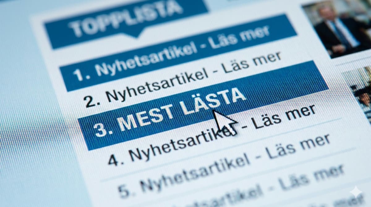 En närbild av en datorskärm som visar en "MEST LÄSTA"-lista på en webbplats. En muspekare är positionerad över den markerade raden med texten "MEST LÄSTA". Bakgrunden är oskarp, men visar delar av bilder och text.