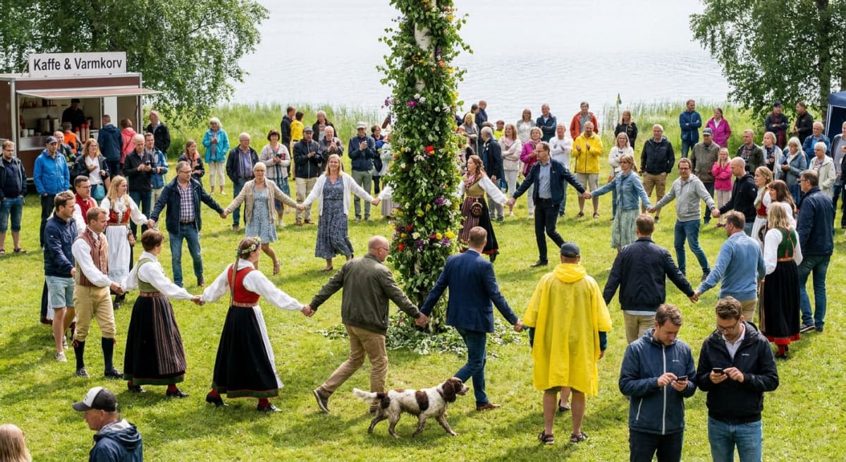 En grupp människor, både vuxna och barn, dansar runt en midsommarstång på en gräsyta intill vatten. En del av personerna bär traditionella dräkter. I bakgrunden står en försäljningsvagn med skylten "Kaffe & Varmkorv".