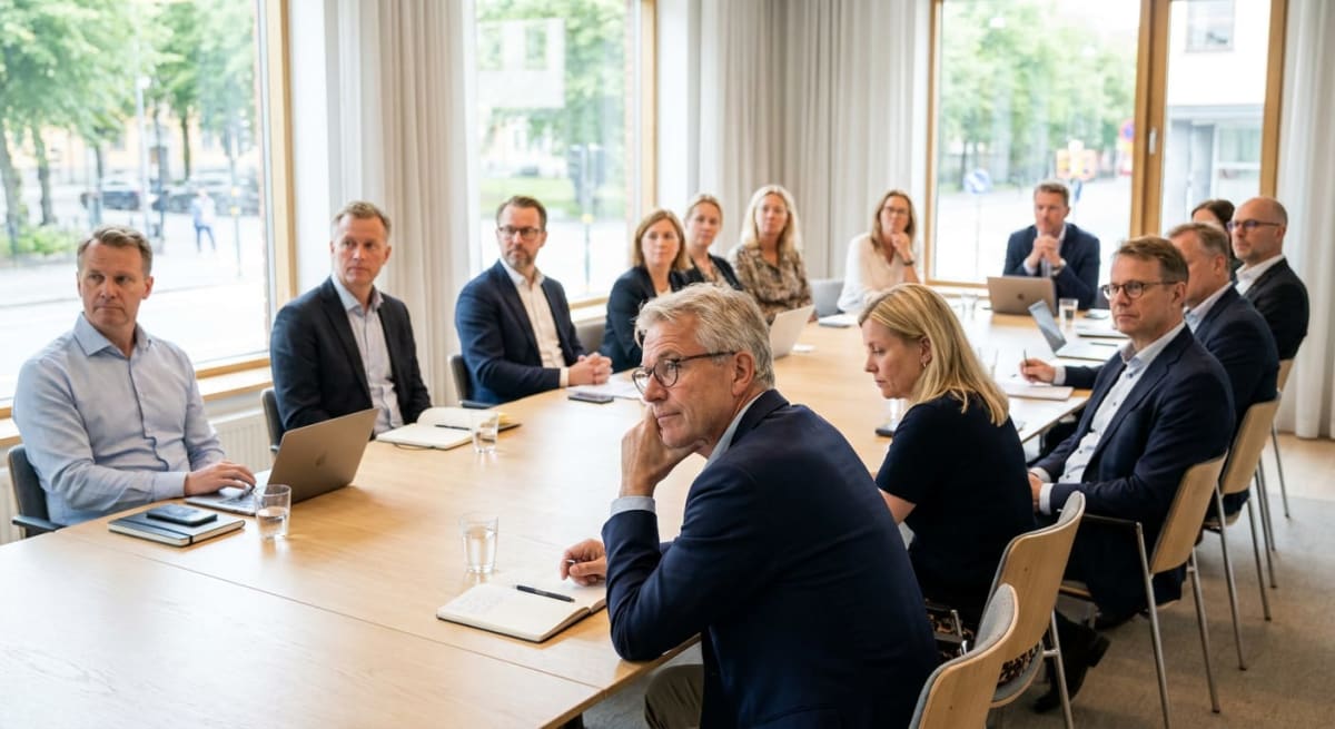 En grupp av tolv personer sitter runt ett långt, ljust träbord i ett rum med stora fönster. De flesta är klädda i affärskläder, och flera har laptops, anteckningsböcker och dricksglas framför sig på bordet. Utanför fönstren syns gröna träd och en sta