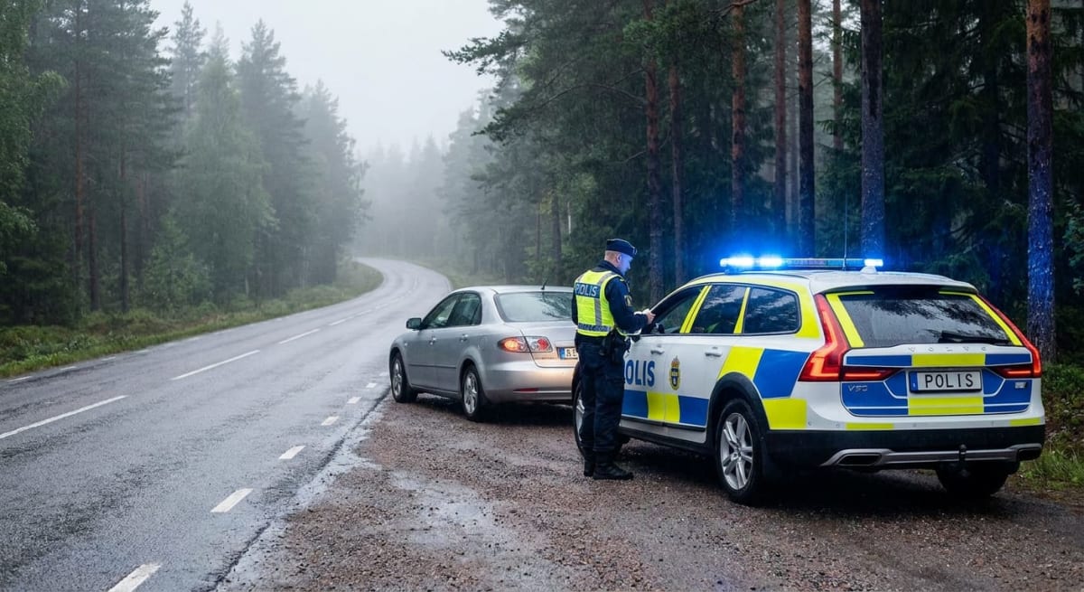 En polisbil med blåljus aktiverade står parkerad vid sidan av en landsväg. En silverfärgad personbil står framför polisbilen. En uniformerad polis med reflexväst står mellan fordonen. Vägen är våt och omgiven av träd och skog, med dimma i bakgrunden.