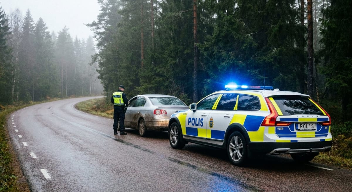 En polisbil med blåljus aktiverade står parkerad bakom en silverfärgad personbil på en våt asfaltsväg. En polis med reflexväst står vid personbilens förardörr. Vid sidan av vägen syns barrträd och disigt väder i bakgrunden.