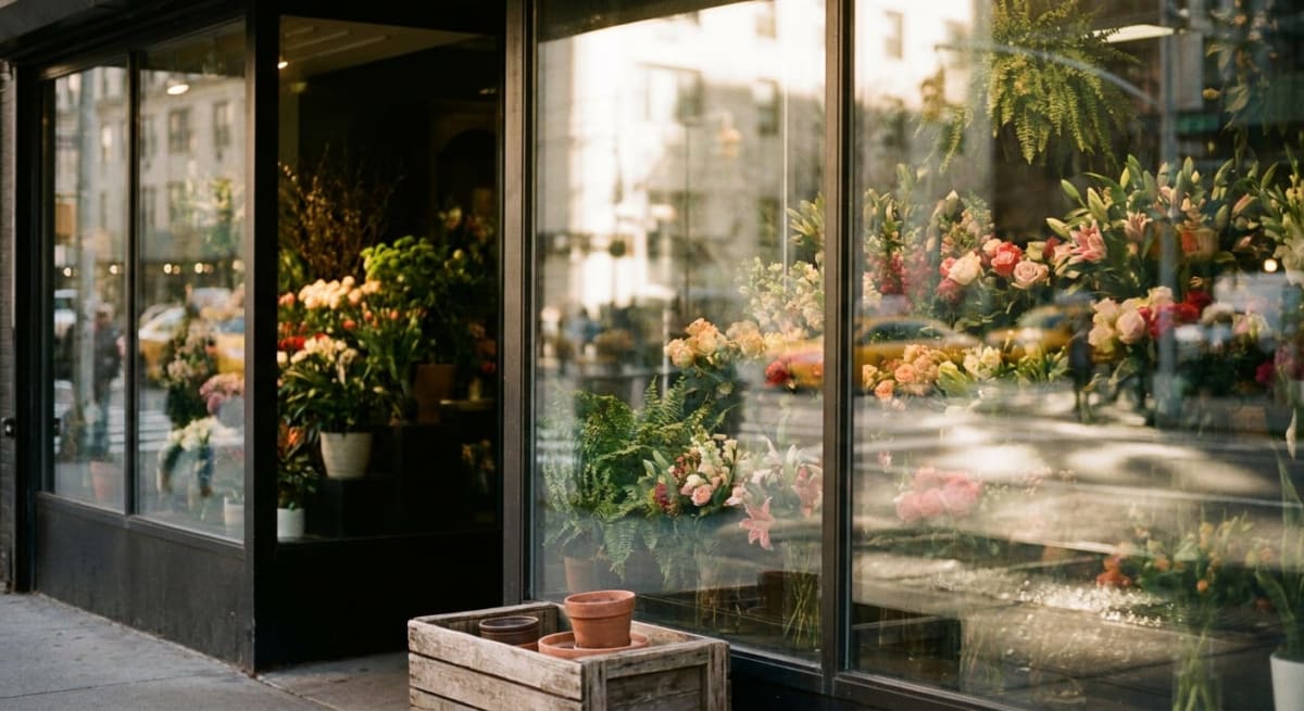 En bild som visar skyltfönstret till en blomsterbutik, fyllt med olika blommor och växter. Reflektioner av gatan utanför, med byggnader och fordon, syns i fönsterglaset. Utanför står en träkista med två tomma terrakottakrukor.
