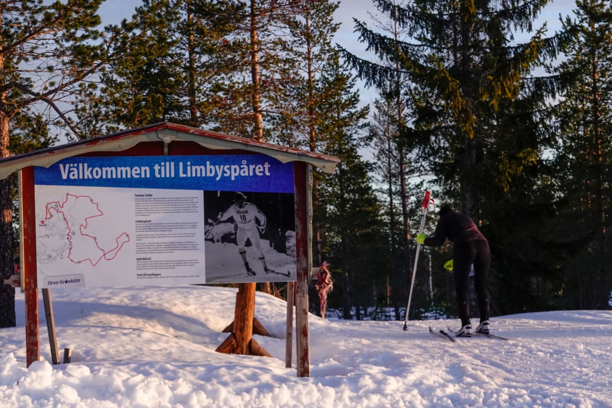 En person i skidutrustning står vänd bort från kameran i snön bredvid en skylt med texten "Välkommen till Limbyspåret". Bakgrunden består av en skog med höga träd och en ljus himmel. Det är snötäckt mark.