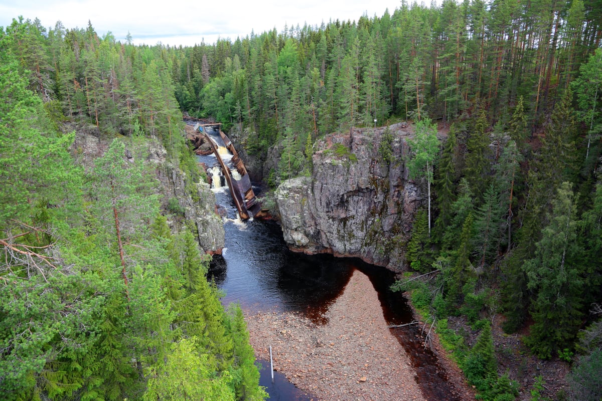 En vertikal bild uppifrån som visar en flodfåra med höga, steniga kanter täckta av grön barrskog. Vatten rinner genom den karga flodfåran, och en timmerränna är synlig som leder ner i vattnet. En mindre stenstrand syns i mitten av flodfåran.