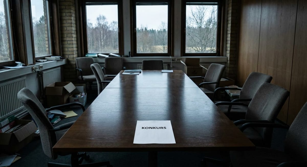 En bild som visar ett tomt konferensrum eller kontor med ett stort träbord i mitten. På bordet ligger ett papper med texten "KONKURS". Runt bordet står flera kontorsstolar. Genom fönstren syns kala träd och en grå himmel, med en tegelvägg som delar f
