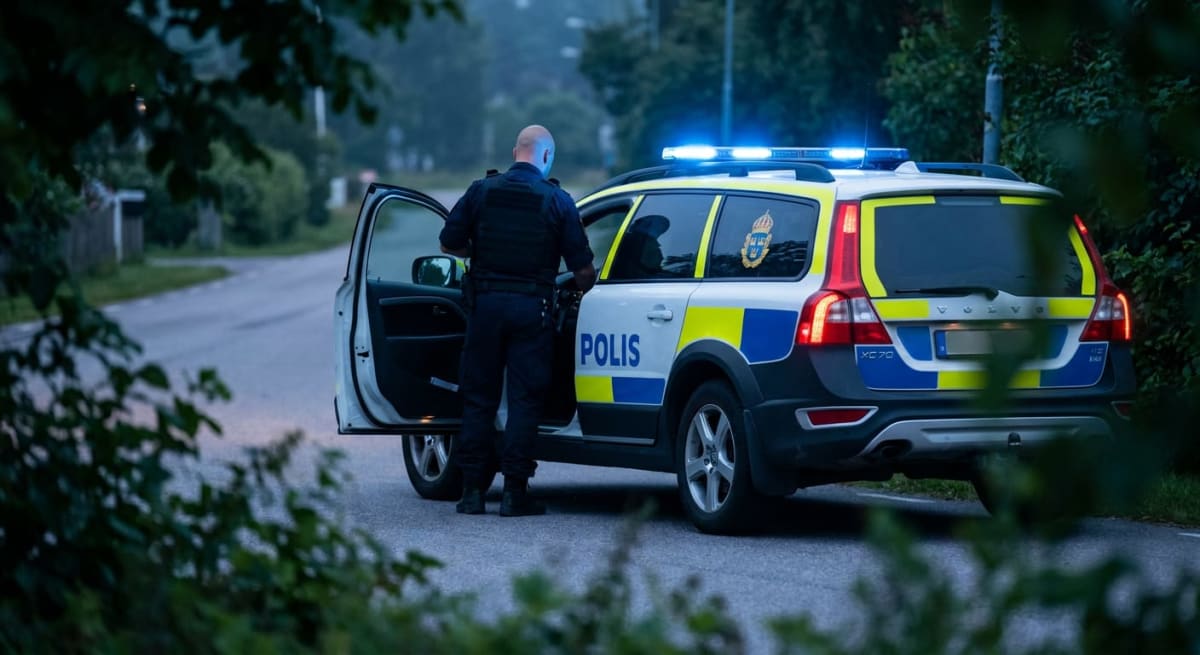 En uniformerad polis står vid förarsidan av en svensk polisbil av modellen Volvo XC70. Bilden är tagen utomhus från ett buskage med växtlighet i förgrunden. Polisbilens blåljus och bakljus lyser, och dörren på förarsidan är öppen. Polismannen bär en