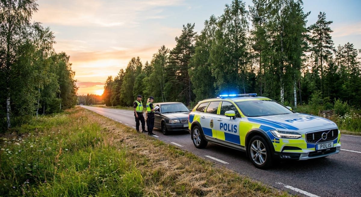 En kvällsbild som visar en svensk polisbil med blåljus aktiverade på en asfalterad väg. Intill vägen står två poliser bredvid en mörk personbil, medan solen är på väg ner i bakgrunden bortom skogen.