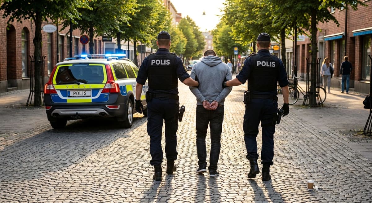 Två poliser i uniform eskorterar en man med handfängsel på en kullerstensgata. En polisbil med blåljus står parkerad bakom dem. Till höger syns en pappersmugg och en plastpåse på marken. I bakgrunden syns byggnader och träd.