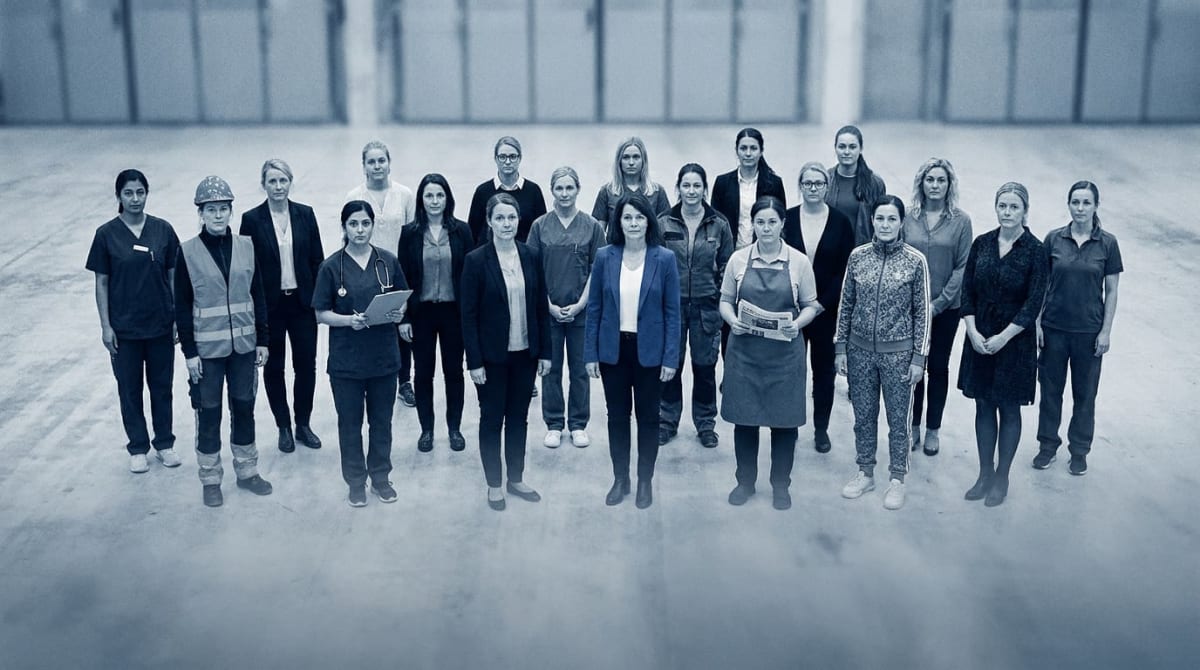 En grupp bestående av 21 kvinnor i olika åldrar står uppställda i ett stort, monokromt utrymme med betongliknande golv och väggar. Några av kvinnorna bär arbetskläder som byggarbetare, sjukvårdspersonal och butiksanställda, medan andra bär civila klä