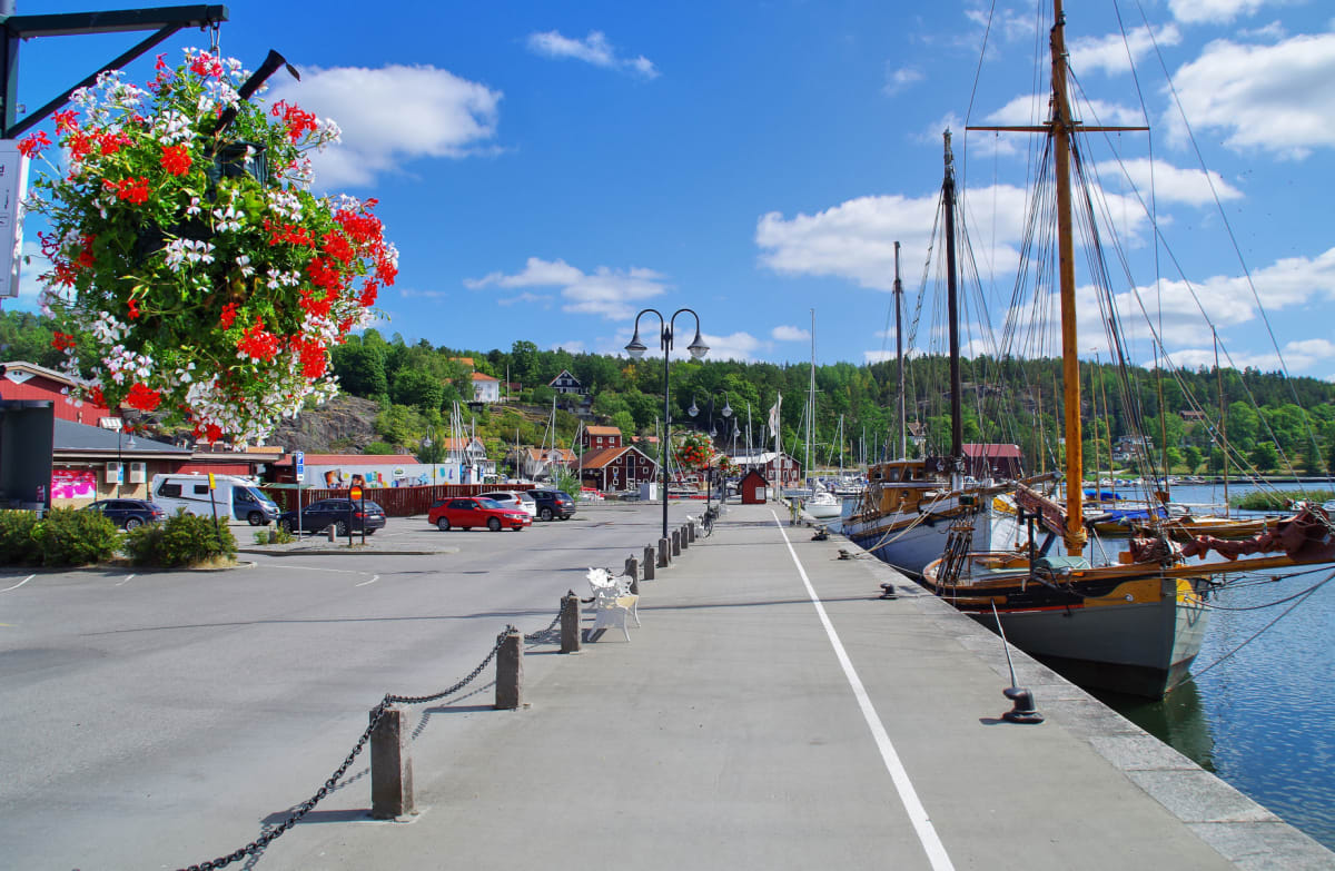 En hamn i dagsljus med en brygga med förtöjda segelbåtar, med byggnader, träd och berg i bakgrunden. En parkeringsplats med flera bilar syns till vänster. En stor blomlåda med vita och röda blommor hänger i förgrunden.