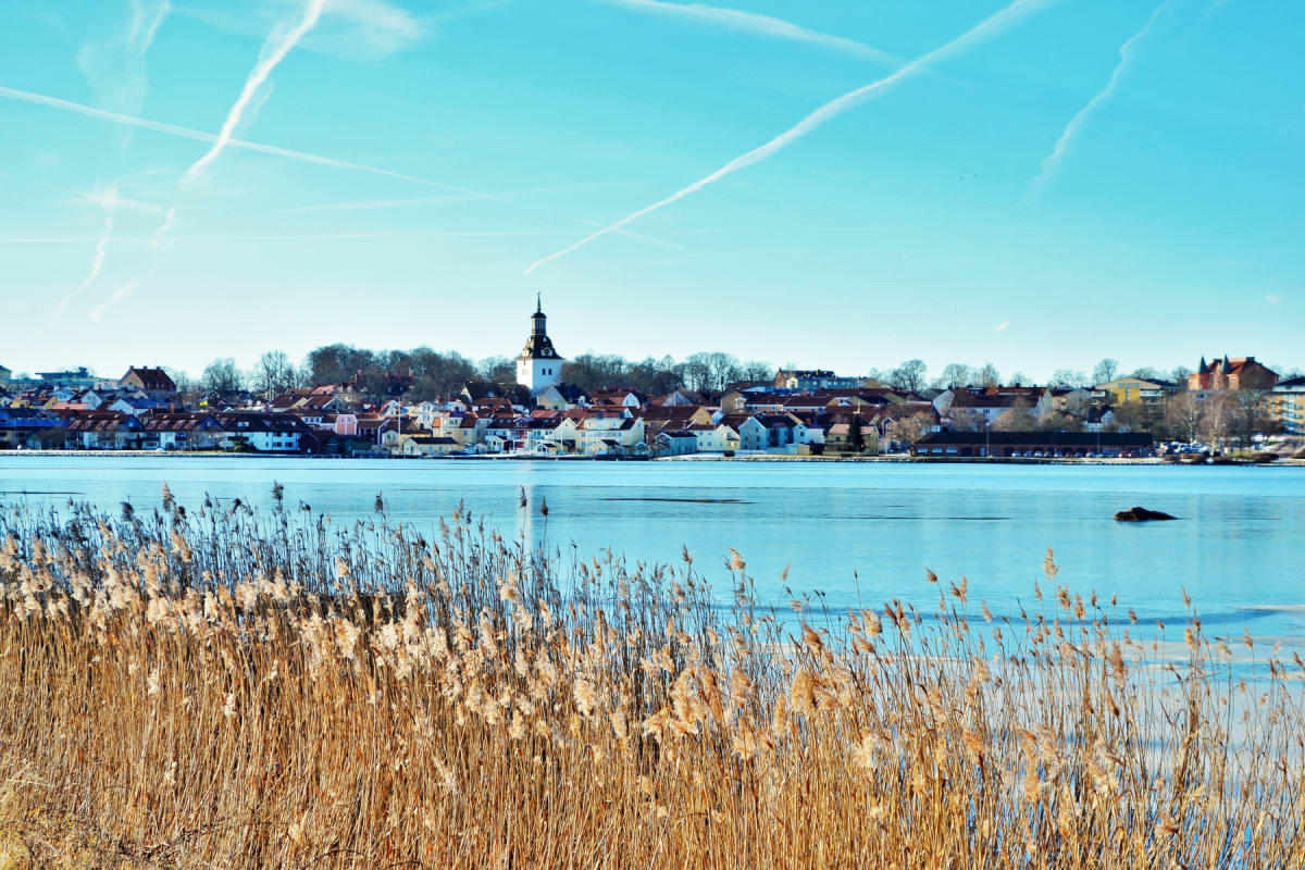 En bild visar en stadsutsikt över en vattenyta med en vassrugg i förgrunden under en klarblå himmel. I bakgrunden syns varierande byggnader och en kyrka med svart spira, samt några snöfläckar nära vattnet.