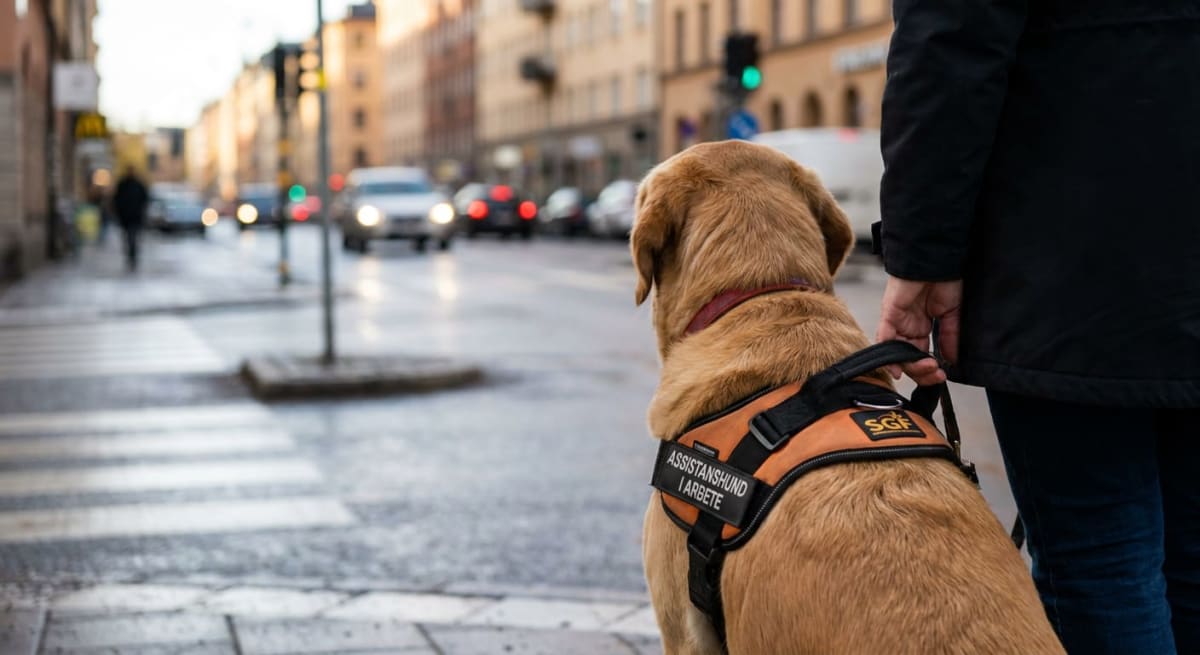 En assistanshund med orange sele och texten "ASSISTANSHUND I ARBETE" sitter bredvid en person som håller i selens handtag, vid ett övergångsställe i stadsmiljö. I bakgrunden syns bilar och byggnader i suddig oskärpa.