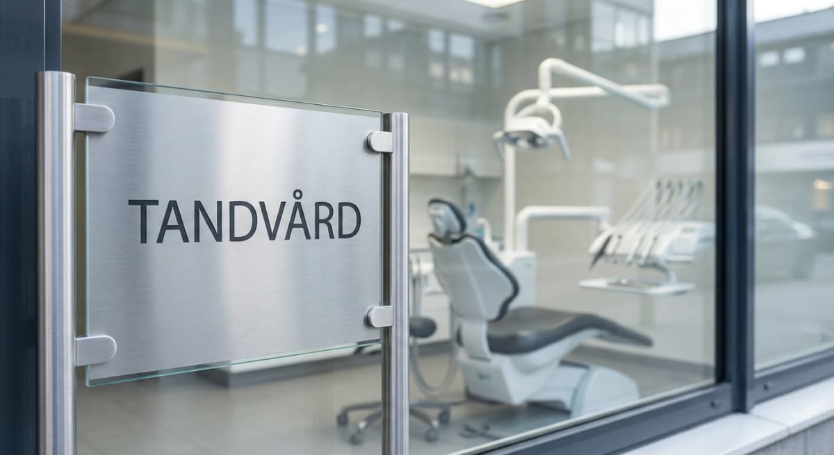 En bild som visar en skylt med texten "TANDVÅRD" i förgrunden, fastsatt på en glasdörr. Genom glasrutan syns delar av en tandläkarmottagning med en tandläkarstol och diverse instrument, belysta av indirekt dagsljus.
