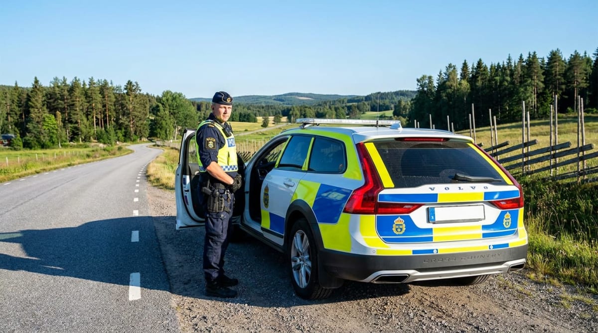En uniformerad polis står bredvid en svensk polisbil (Volvo V90 Cross Country) med öppen dörr på en grusväg intill en asfalterad väg. I bakgrunden syns skog, kullar och en himmel med solljus som kastar skuggor.