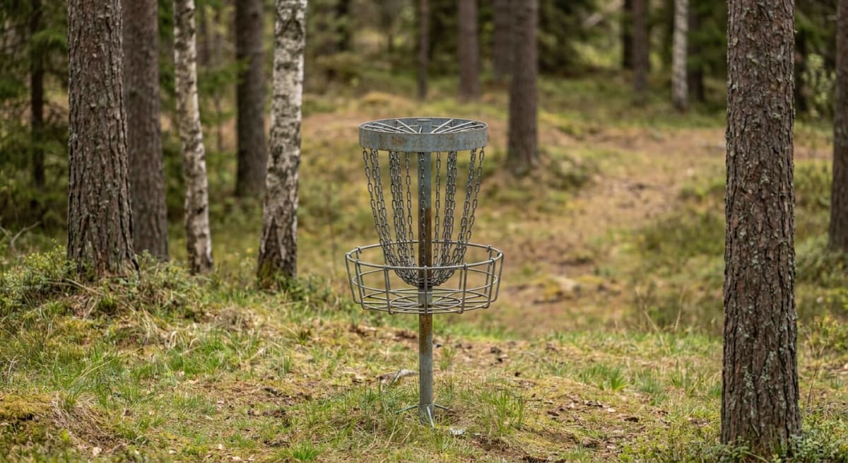 En discgolfkorg med kedjor och korg syns tydligt placerad i ett skogsområde. Runt korgen växer gräs, mossa och låga buskar. I bakgrunden syns flera trädstammar av tall och björk samt barrskog. Marken är delvis täckt av torrt gräs och jord. Ljuset ind