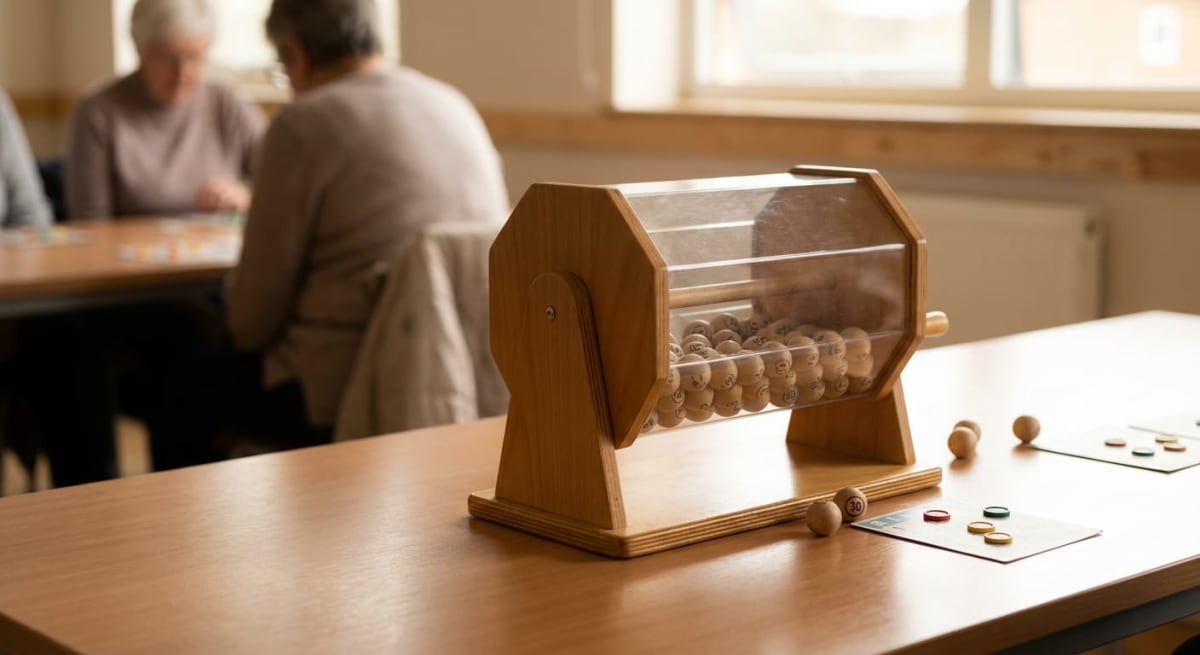 En bild visar en bingo- eller lottokorg av trä och plast med numrerade bollar inuti, placerad på ett träbord. I bakgrunden syns suddiga personer, troligen äldre, som sitter vid bord och en ljus fönsterruta.