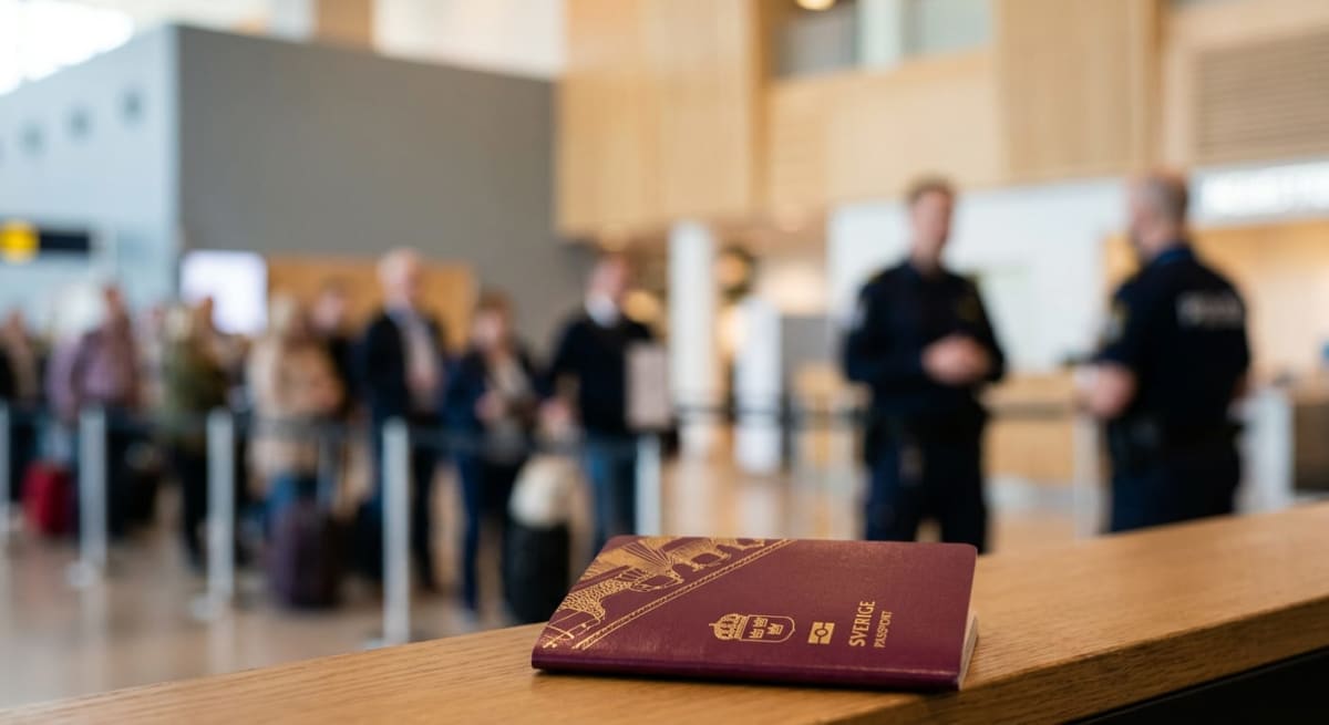 En bild visar ett svenskt pass liggandes på en träbänk i förgrunden, med texten "SVERIGE PASS" synlig. I den suddiga bakgrunden syns en kö av människor och två personer i mörka uniformer som tyder på personal eller tjänstemän.
