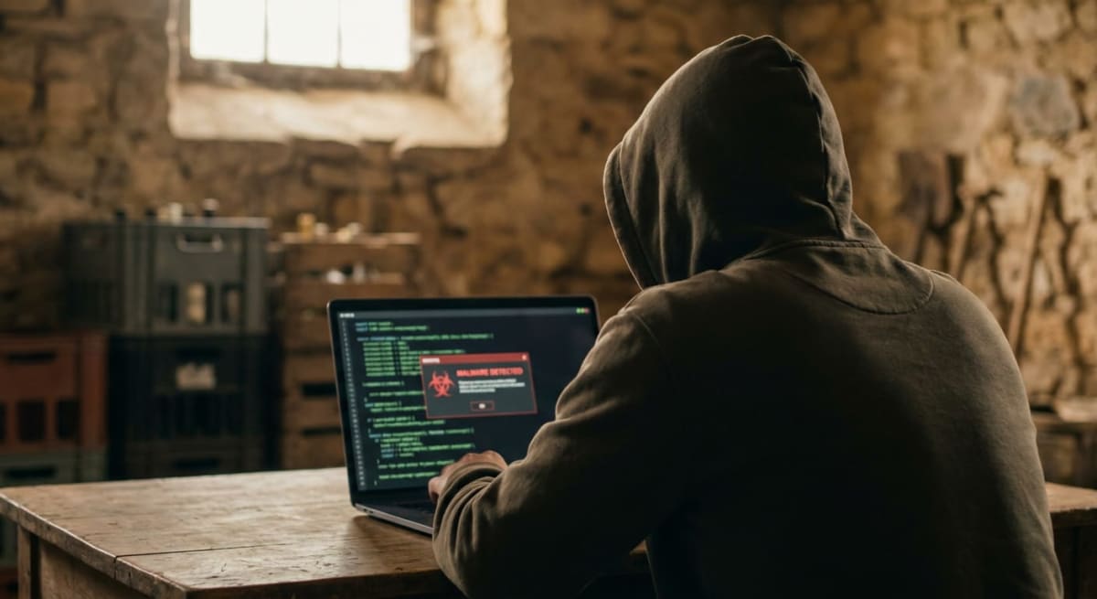 En person i en mörk hoodie sitter vid ett träbord och tittar på en laptop. Skärmen visar programmeringskod och en röd varningsruta med texten "MALWARE DETECTED" och en biosymbol. I bakgrunden syns en stenvägg, ett fönster och staplade lådor.