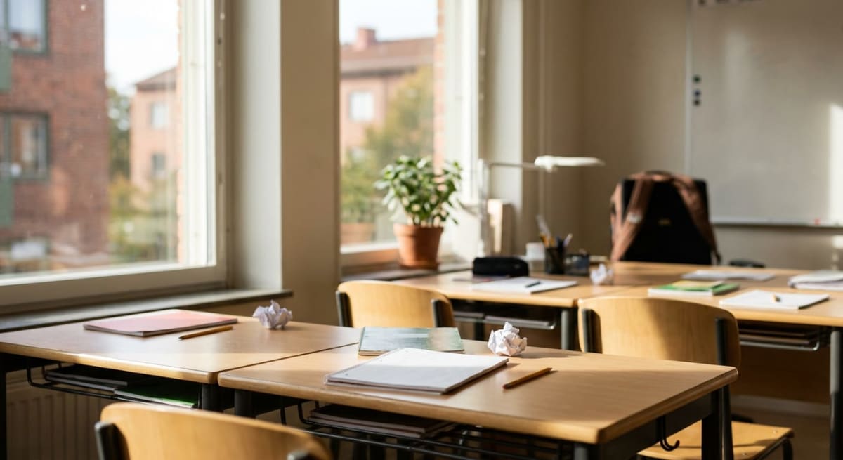 En tom skolklassrumsscen med träbänkar och stolar. Pennor, anteckningsböcker och skrynkliga papperskulor ligger på bänkarna. En krukväxt står i ett fönster och en ryggsäck syns på en stol framför en vit tavla. Solljus faller in genom fönstren.