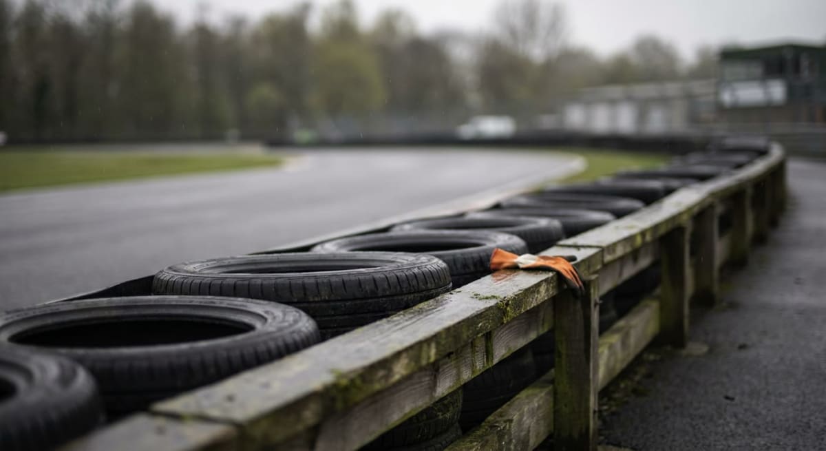 En bild av en regnvåt racerbana sedd från sidolinjen, med en rad av svarta däck staplade bakom en träbarriär. En ensam orange handske ligger på barriären. I bakgrunden syns träd och en byggnad under en grå himmel.