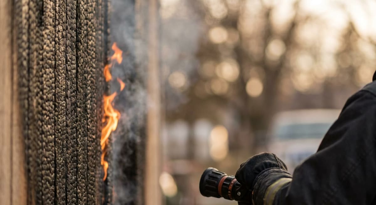 En person i skyddskläder håller en brandslang och riktar den mot lågor som slår upp längs en svartbränd trävägg. Rökslingor stiger från elden och den kolade ytan. I den suddiga bakgrunden syns träd och ett fordon.