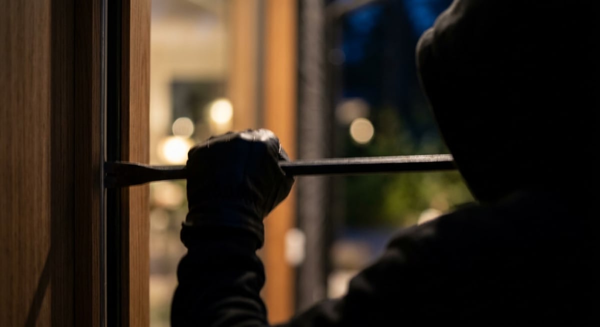 En person i mörka kläder och handskar försöker bryta upp en dörr eller ett fönster med ett kofot-liknande verktyg i mörker. En del av personens rygg och arm syns, samt verktyget som är insatt i en glipa mellan karm och dörrblad. Bakgrunden är oskarp