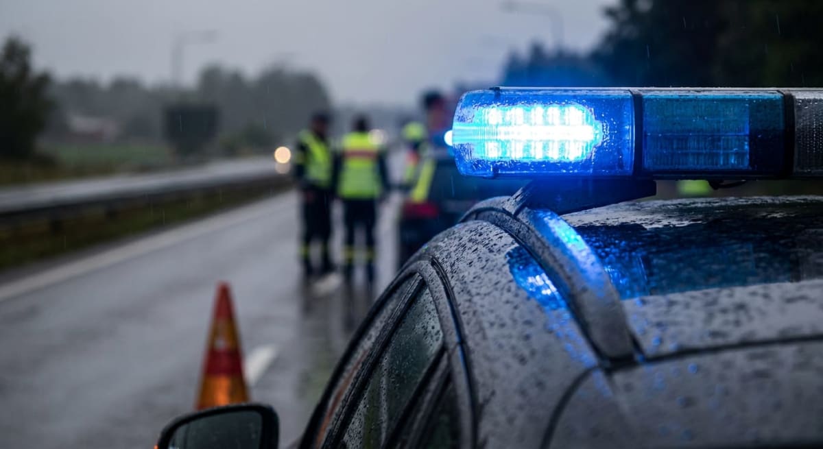 En nära bild på taket av en mörk bil med aktiva blå varningsljus, täckt av regndroppar, stående på en våt väg. I bakgrunden syns suddiga figurer klädda i reflexvästar och en trafikkon. Miljön verkar vara utomhus under regnväder.