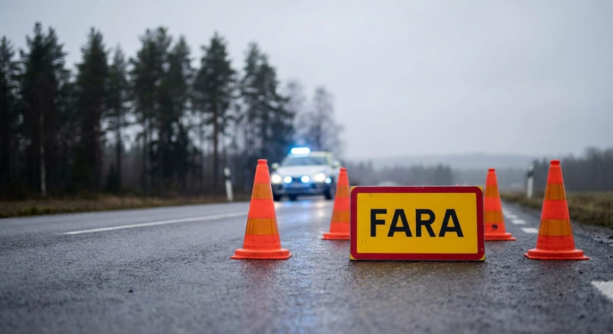 En väg är avspärrad med orangefärgade trafikkoner och en gul skylt med texten "FARA". I bakgrunden syns en polisbil med blåljus aktiverade. Våta träd och en grå himmel indikerar en fuktig miljö. Vägbanan är mörk och fuktig.