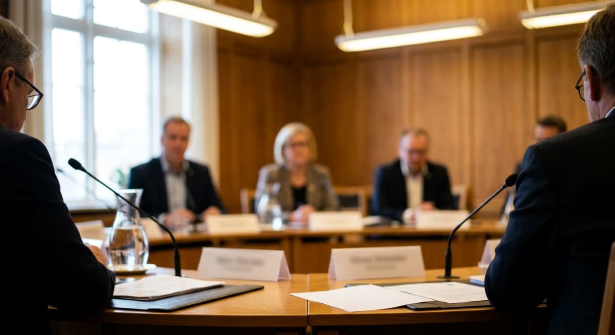 En grupp människor sitter runt ett bord i ett rum med träpaneler. Personerna i förgrunden syns bakifrån, medan övriga är suddiga i bakgrunden. Mikrofoner, papper, en vattenkaraff och skyltar med namn är placerade på bordet.