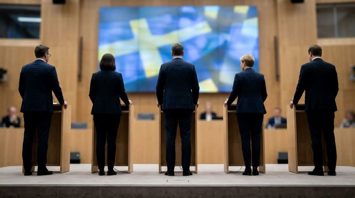 Fem personer i kostym och kavaj står med ryggen mot kameran, bakom varsitt träpulpet, på en scen. Bakom dem syns en stor skärm med ett abstrakt blågult mönster. Publik syns i bakgrunden.