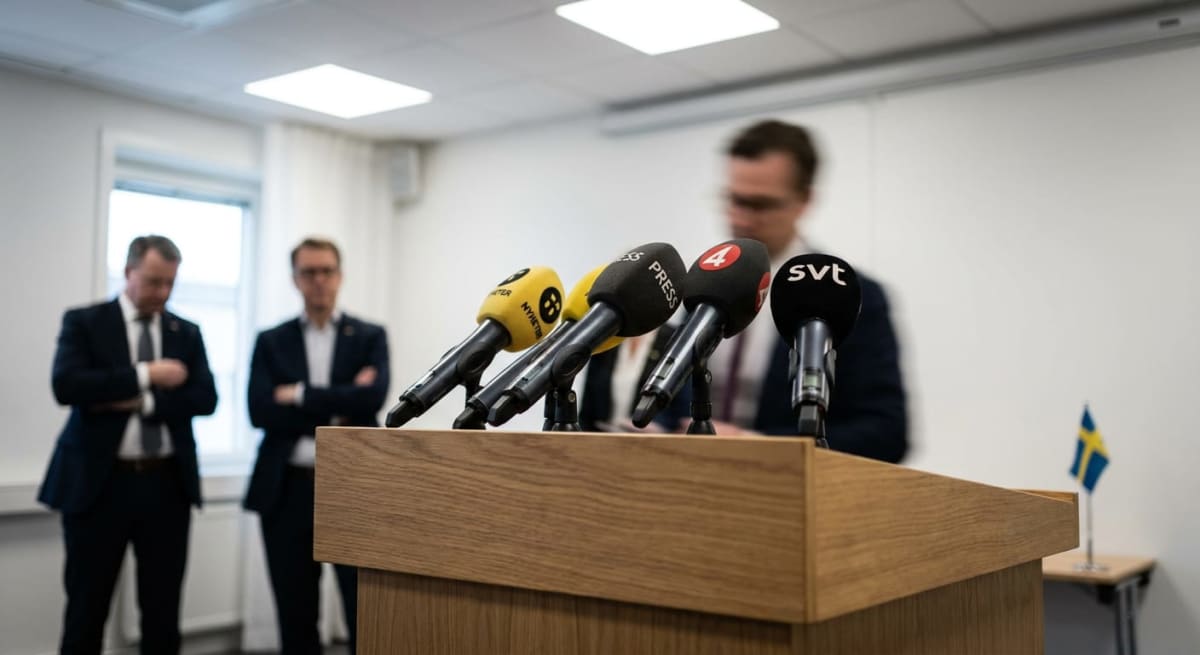 En bild visar ett träpodium med flera mikrofoner, varav några har logotyper för "svt", "TV4", "PRESS" och "NYHETER". I bakgrunden syns tre suddiga män i kostymer och en liten svensk flagga på ett sidobord. Rummet är ljust med vita väggar och takbelys