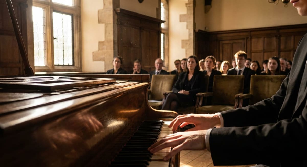 En person spelar piano i förgrunden, med händerna på tangenterna. I bakgrunden sitter en publik bestående av vuxna och ungdomar i en sal med höga fönster och träpaneler. Solljus strömmar in genom fönstren och belyser delar av rummet.