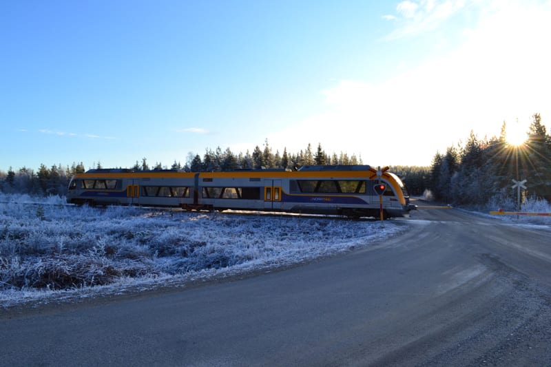 En gul- och gråfärgad tågvagn blockerar en grusväg vid en järnvägskorsning under en klarblå himmel. Tåget har texten "NORRTÅG" synlig på sidan. Marken och angränsande buskar är täckta av frost, vilket tyder på kallt väder. I bakgrunden syns en tät sk