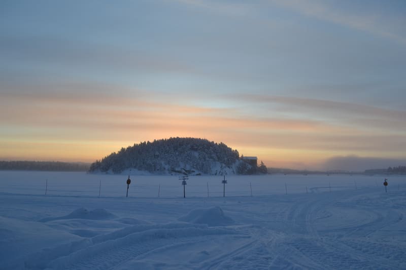 En vinterbild tagen strax före eller under soluppgången/solnedgången. En stor, snöklädd ö eller halvö täckt med träd dominerar mitten av bilden. Till vänster om ön syns ett trädbevuxet landskap i horisonten. Till höger om ön syns ytterligare ett träd