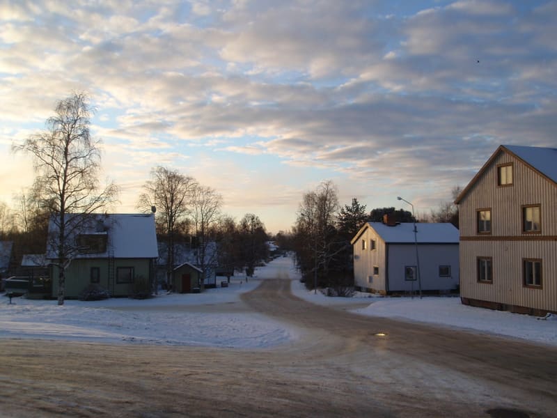 Bilden visar ett vinterlandskap med snötäckta hustak och mark. I förgrunden syns en väg som slingrar sig genom landskapet. På vänster sida av bilden står ett ljust grönt hus med snö på taket och en stege på fasaden. Ett lövträd utan blad står framför