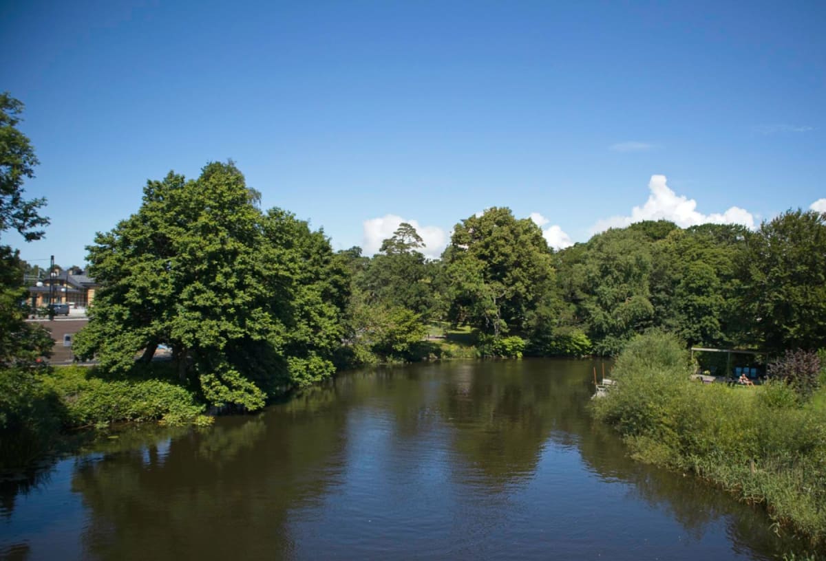 Bilden visar ett landskap med en flod eller å i förgrunden som reflekterar himlen och omgivande grönska. Vattnet verkar vara mörkt och lugnt. Längs flodens kanter syns frodig vegetation, främst träd och buskar med gröna lövverk. På den vänstra sidan